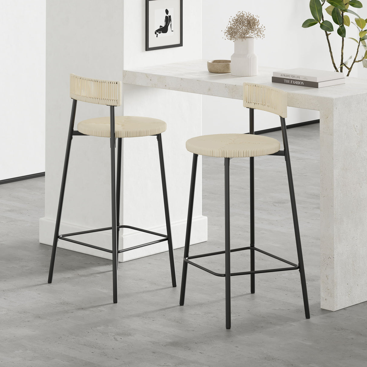 Boho Style Handwoven Paper Rope Counter Stools (Set of 2) - Creamy White