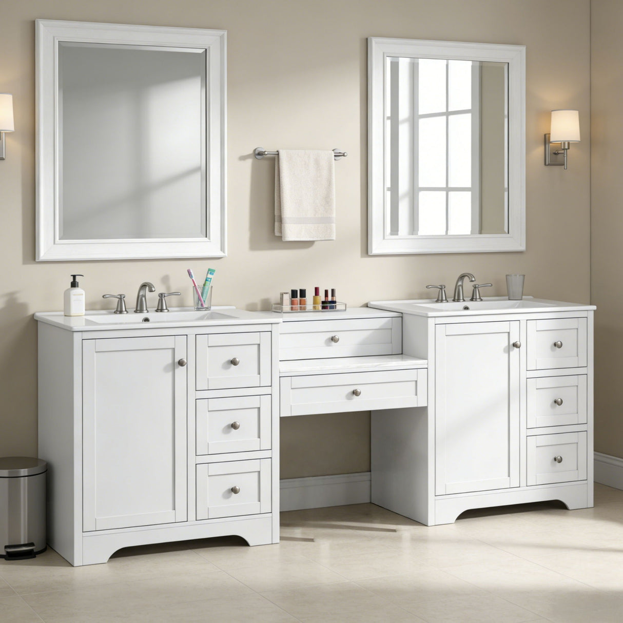 Double Sink Bathroom Vanity With Countertop, 2 Ceramic Sinks, 6 Drawers, Soft Close Design