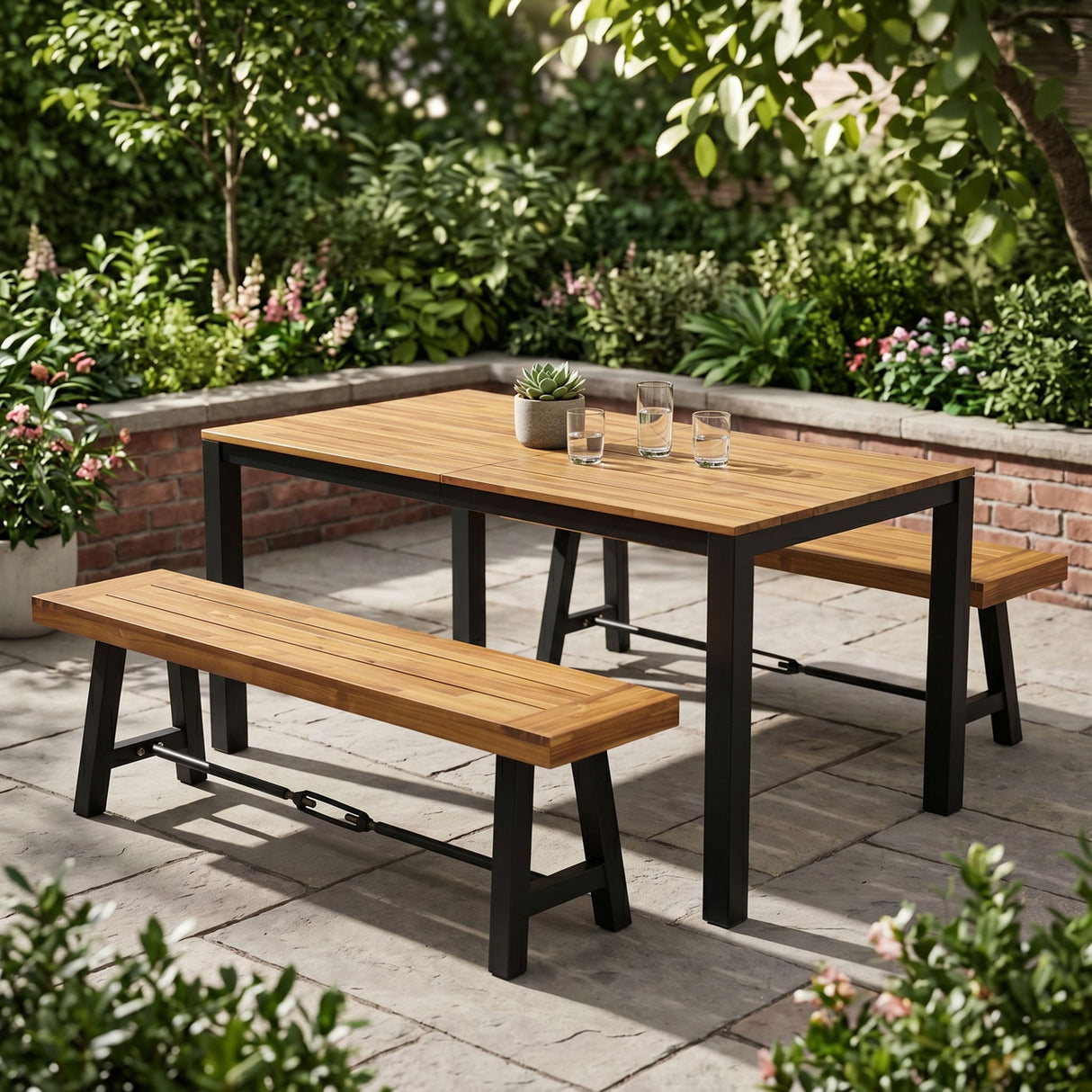 3 Piece Outdoor Dining Set, Rectangular Patio Table & 2 Benches - Black / Teak