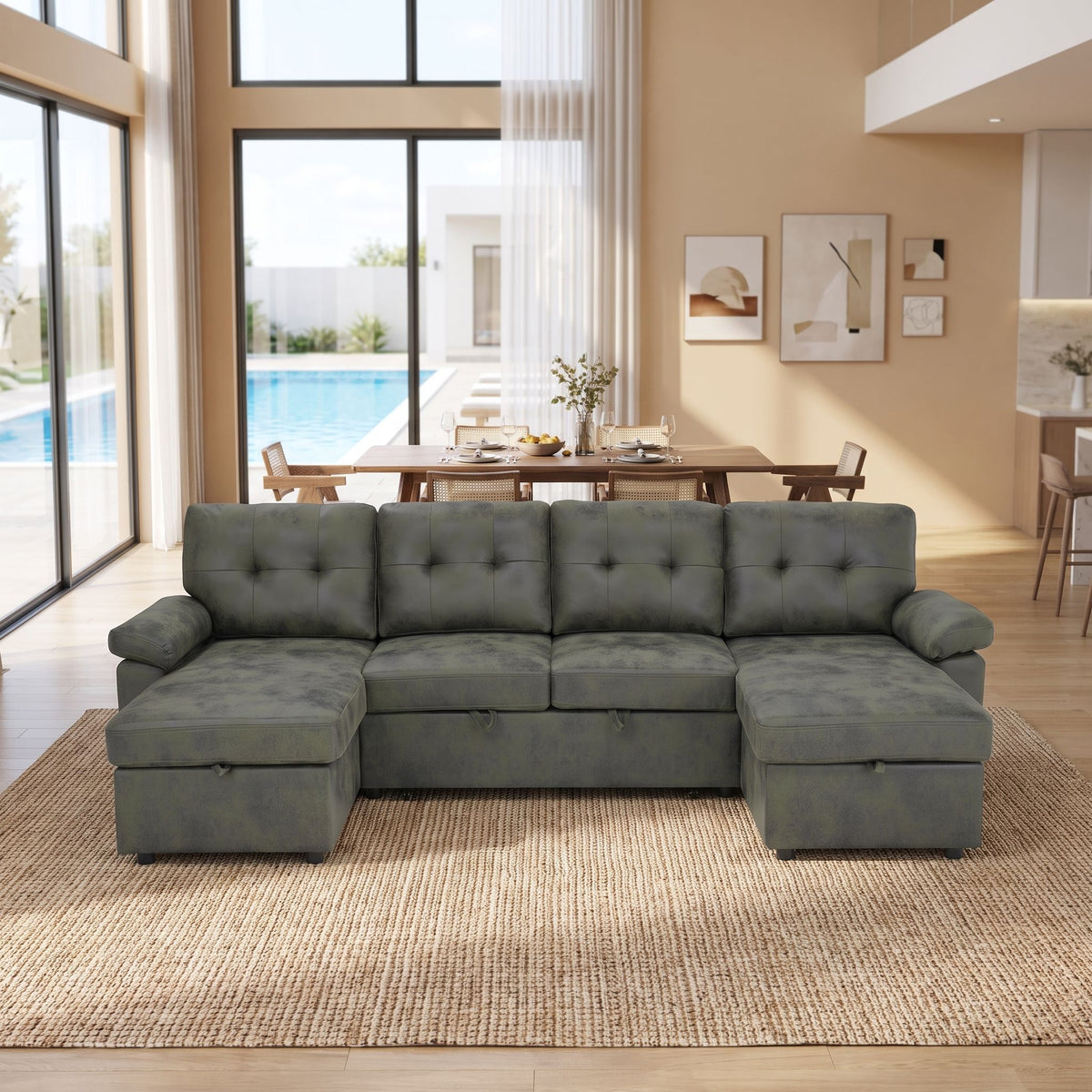 Convertible Sectional Sofa Bed With Pull Out Sleeper And Storage