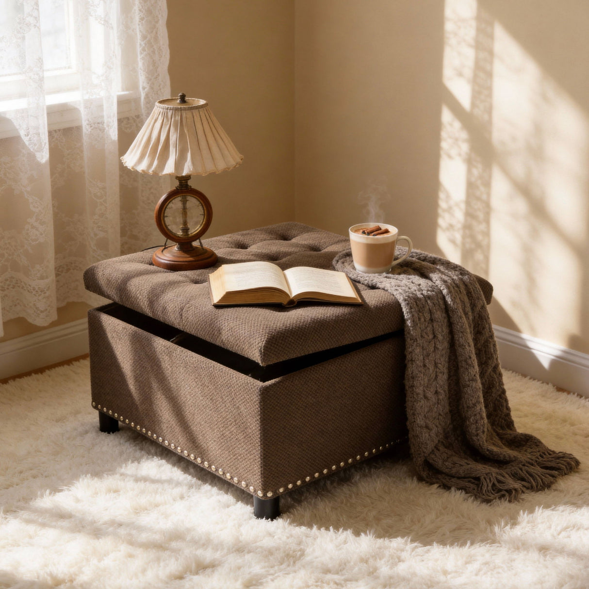 Square Tufted Storage Ottoman With Nailhead Trim