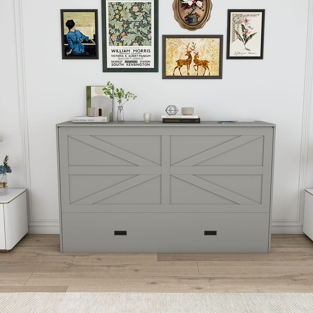 Full Murphy Bed With Storage Drawers, Charging Station, Foldable Panels, And Silent Swivel Wheels
