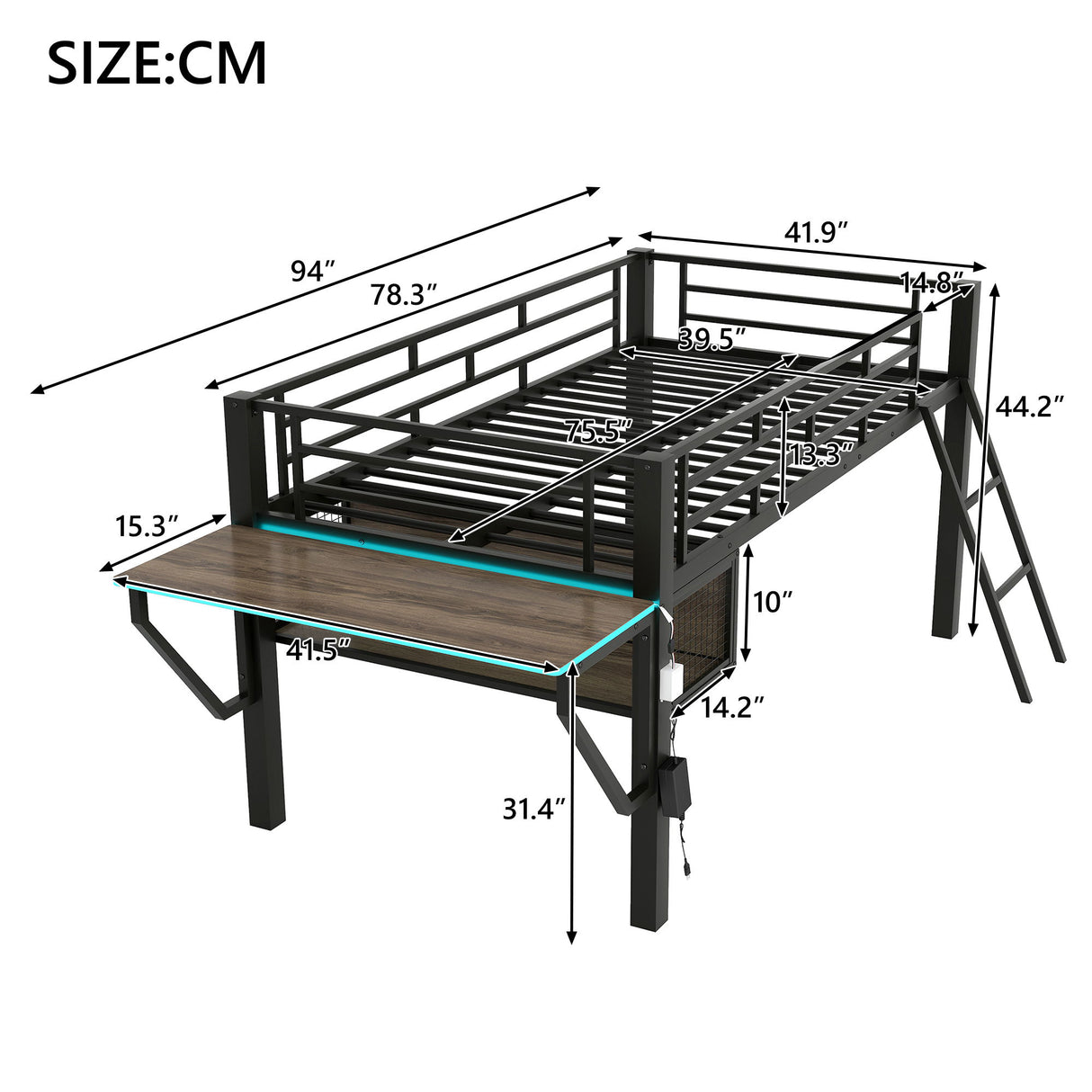 Gaming - Twin Loft Bed With Desk And LED - Black