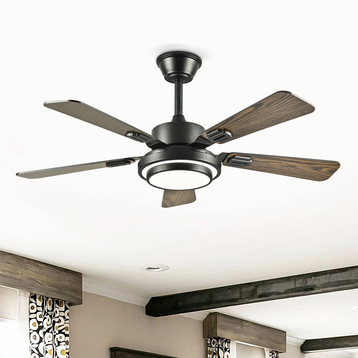 5 Blades Ceiling Fan With LED Light 3000 - 6500K Dimmable, 6 Speed Levels, Reversible Ceiling Fan - Matte Black