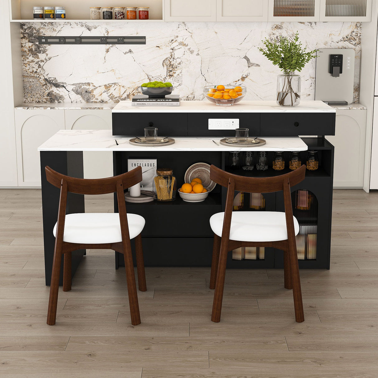 Retro Kitchen Island Set With Chairs, Extendable & Rotating Table, 4 Drawers & Door Cabinets
