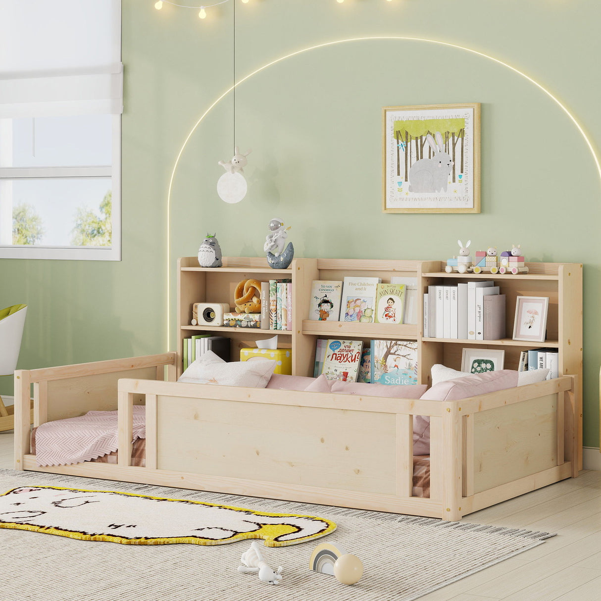 Platform Floor Bed With Guardrail Fence And Side Storage Shelves