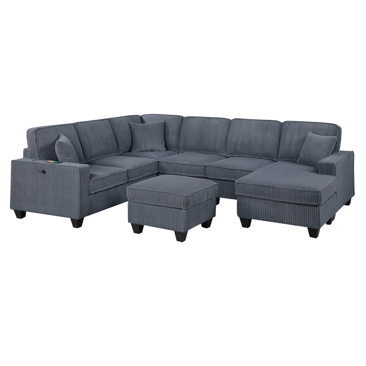 Left Arm Facing Loveseat With USB Port 5 Piece Sectional Set Corner Wedge Armless Chair Cocktail Ottoman Upholstered Living Room Furniture - Dark Gray