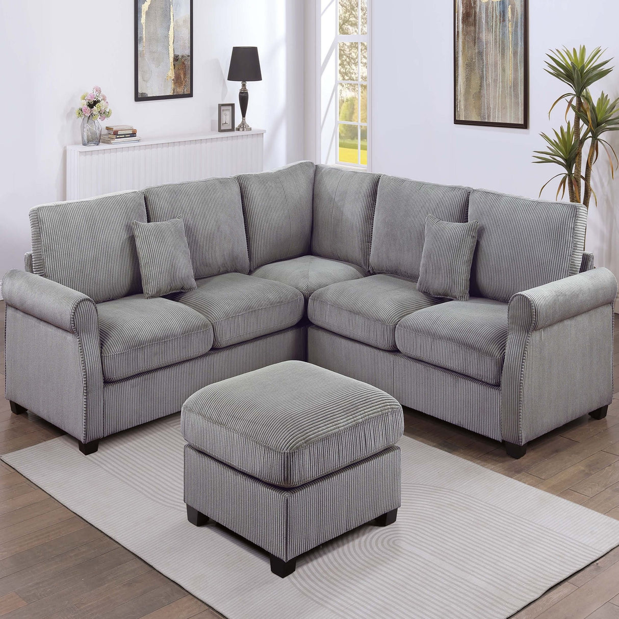 Modern Sectional Set With Corner Wedge, Loveseat, Ottoman & 2 Pillows