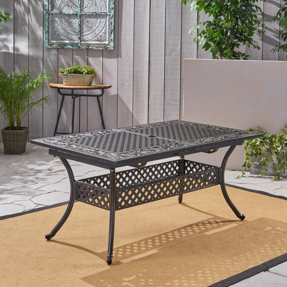 Outdoor Extendable Aluminum Dining Table With Pattern Table Top And Curved Legs - Copper