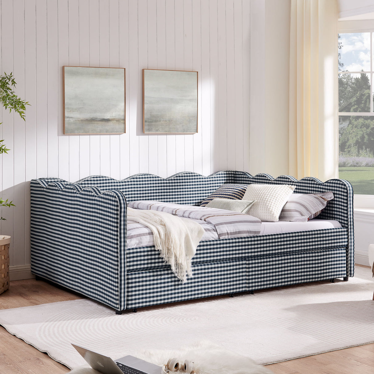 Gingham Daybed & USB Charging Port, Wave Shaped Design