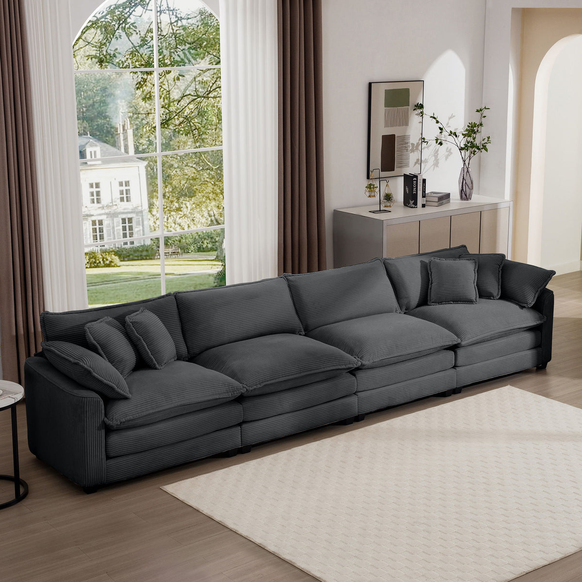 Modern Upholstered 4 Seater Corduroy Fabric Sofa With Arm And Throw Pillows - Gray