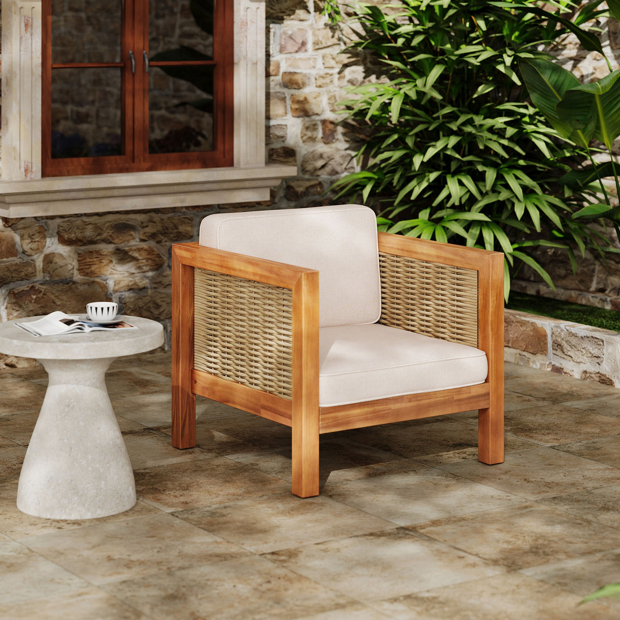 Outdoor Club Chair With Rope Arm And Cushions - Beige / Teak