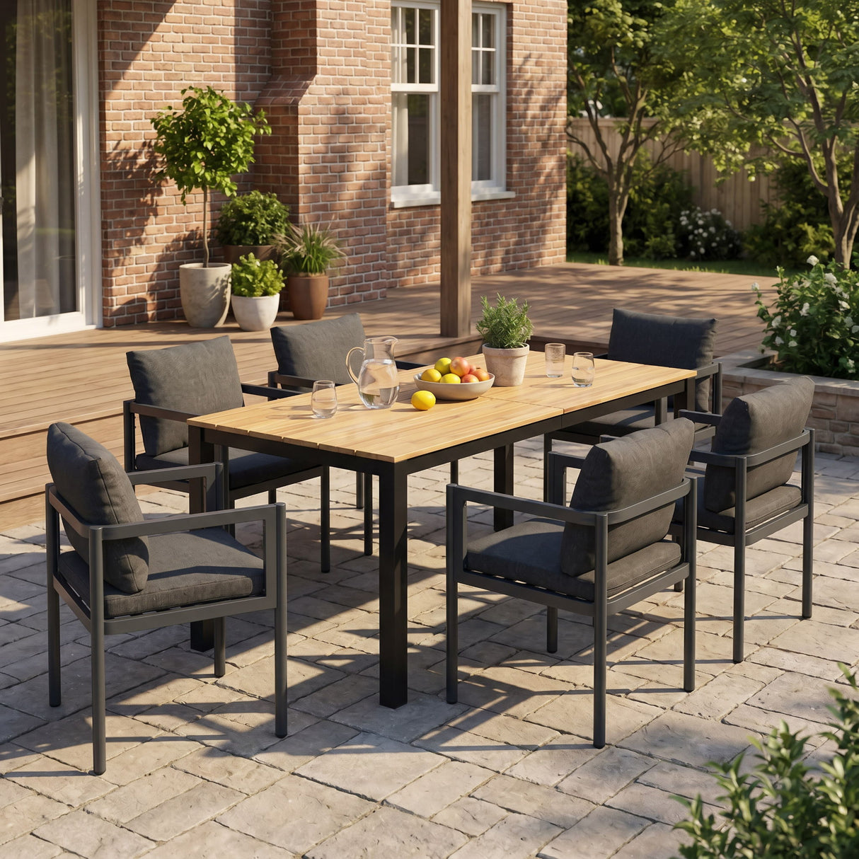 7 Piece Outdoor Dining Set With Table And 6 Chairs - Black / Gray / Teak