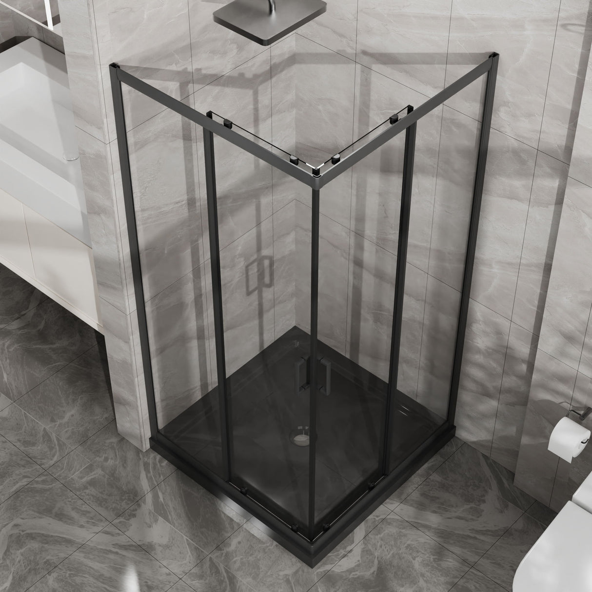 Corner Shower Enclosure, Double Sliding Door With Shower Base - Matte Black