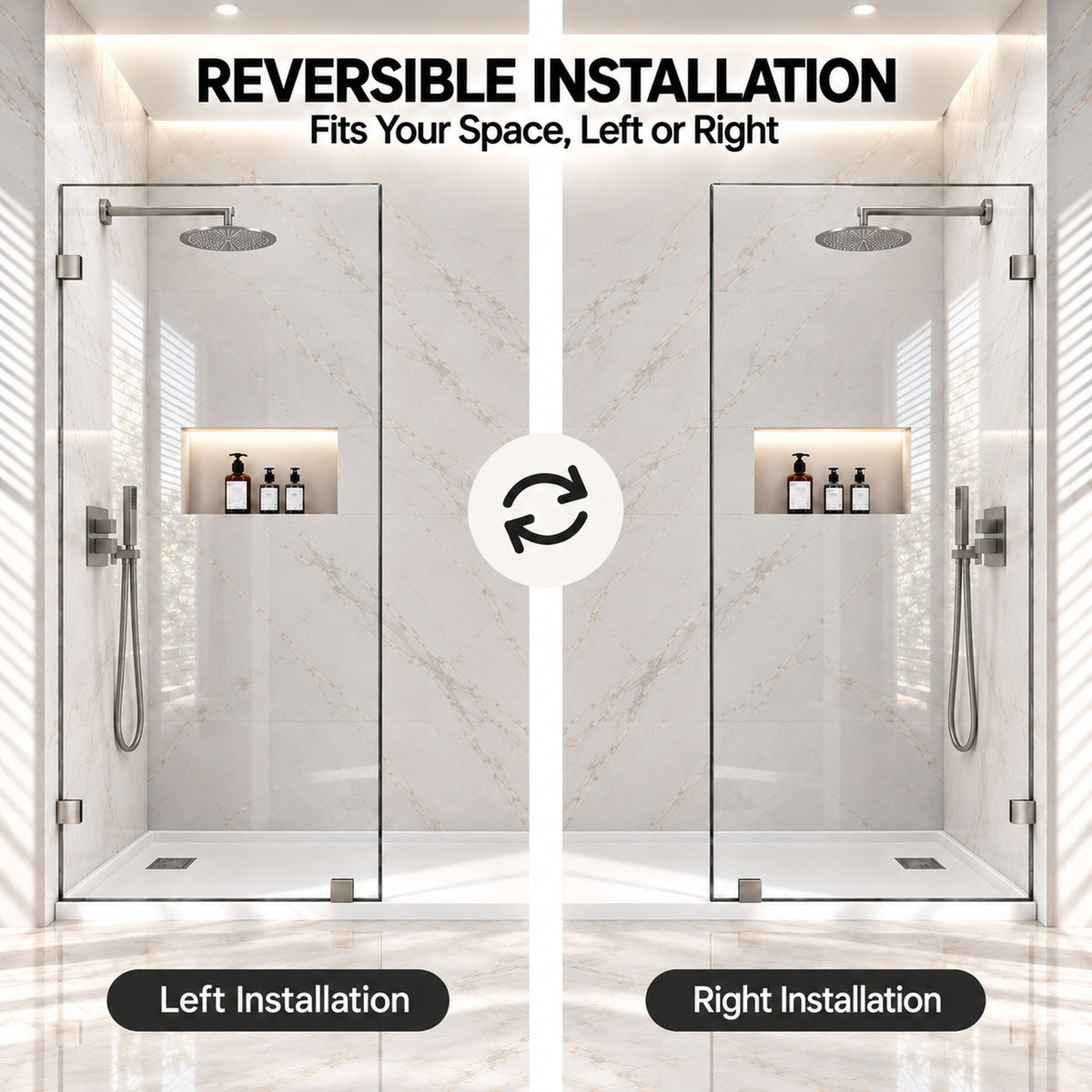 Frameless Bathtub Shower Screen, Reversible Installation