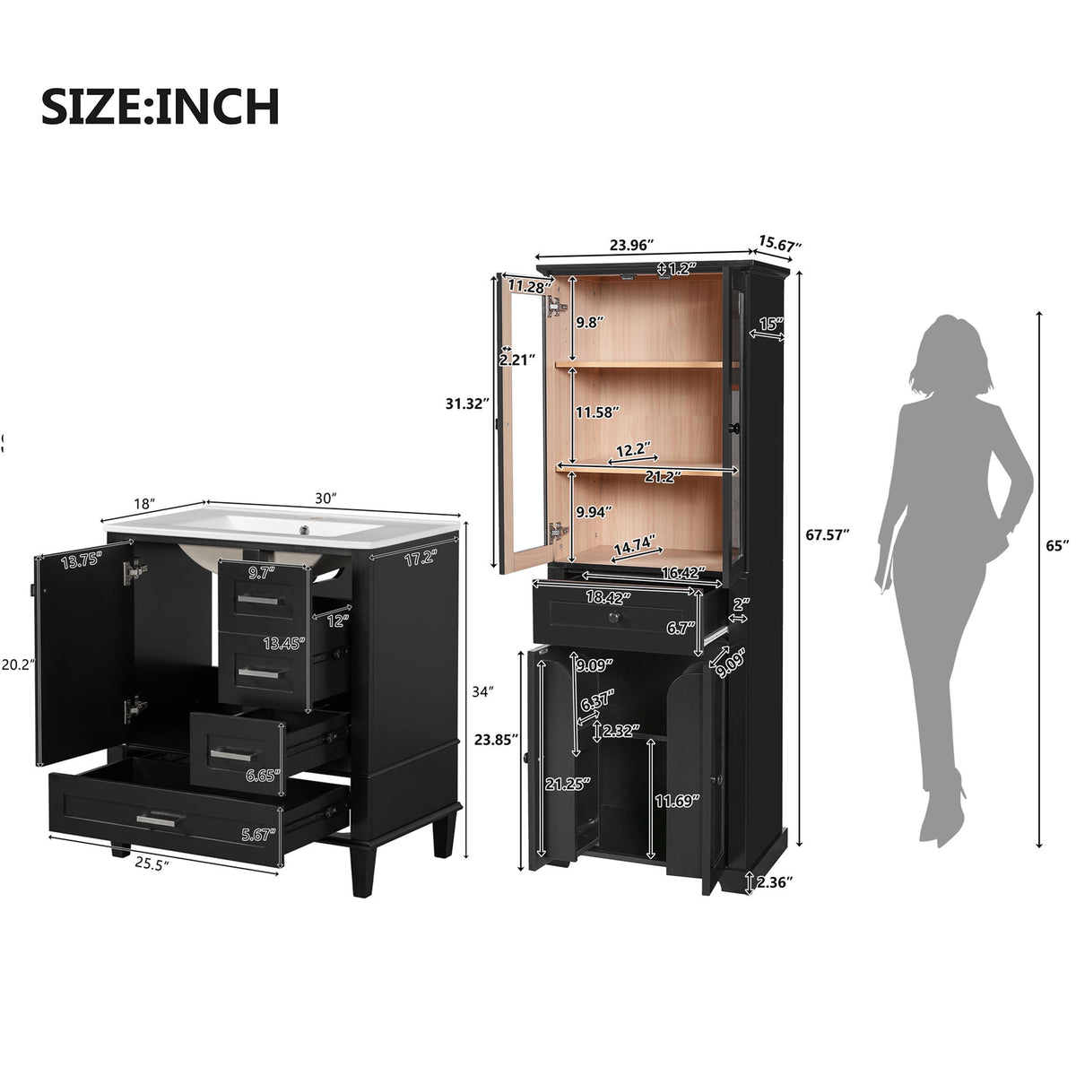 Bathroom Vanity & Tall Storage Cabinet Set With Doors, Adjustable Shelves, Soft Close Hinges, Sink