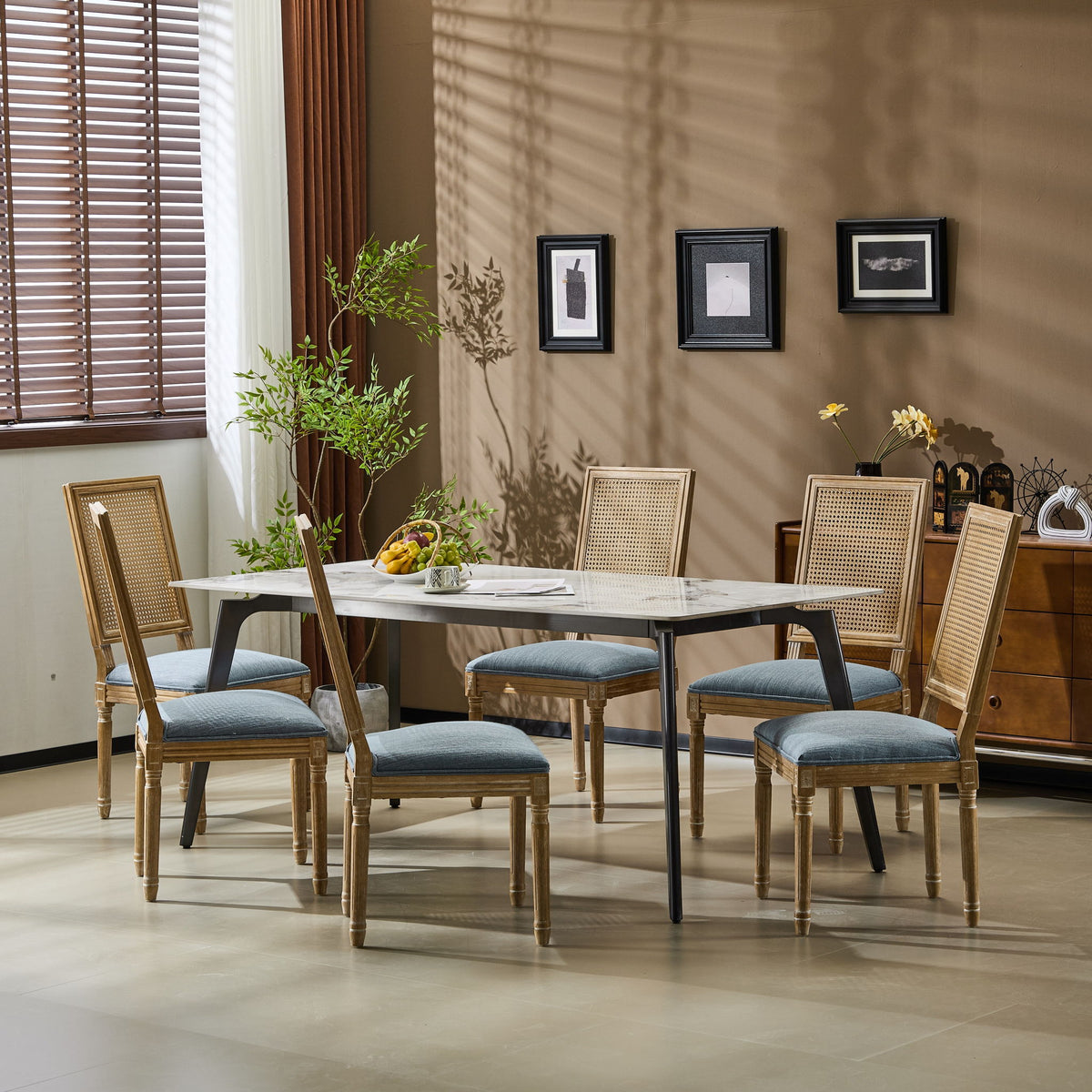 French Country Dining Chair With Rectangular Cane Backrest And Smooth Upholstered Seating