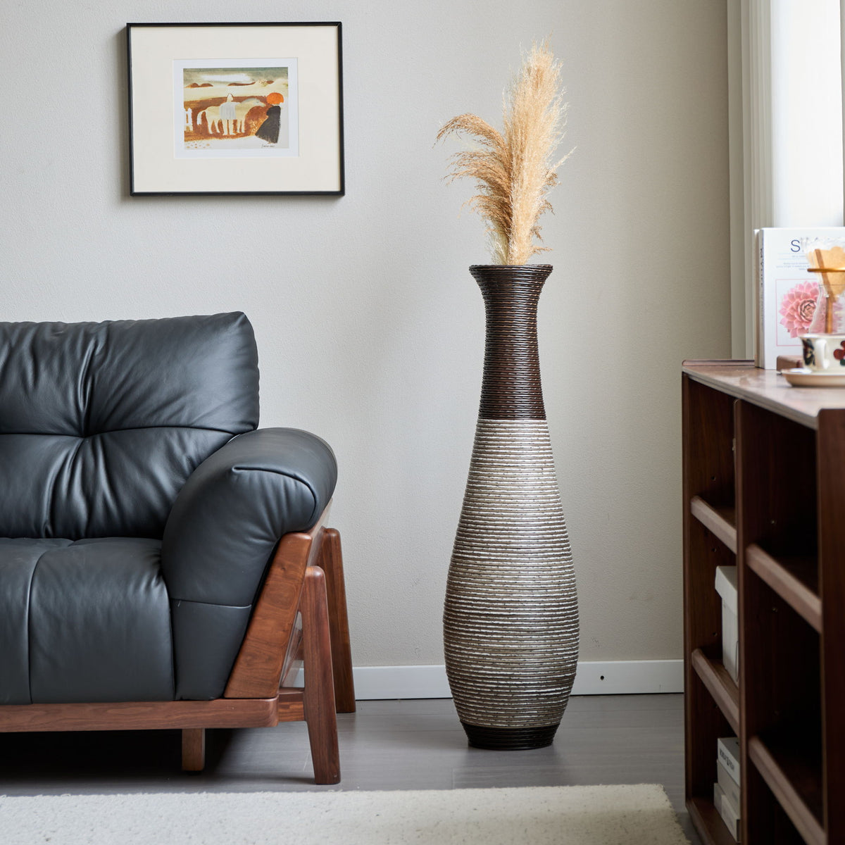 Tall Standing Designer Floor Vase Durable Artificial Rattan Elegant 2 Tone Finish Ideal Decor Accent For Living Room, Bedroom, Entryway Stylish Home Decor Statement Piece - Black / Gray