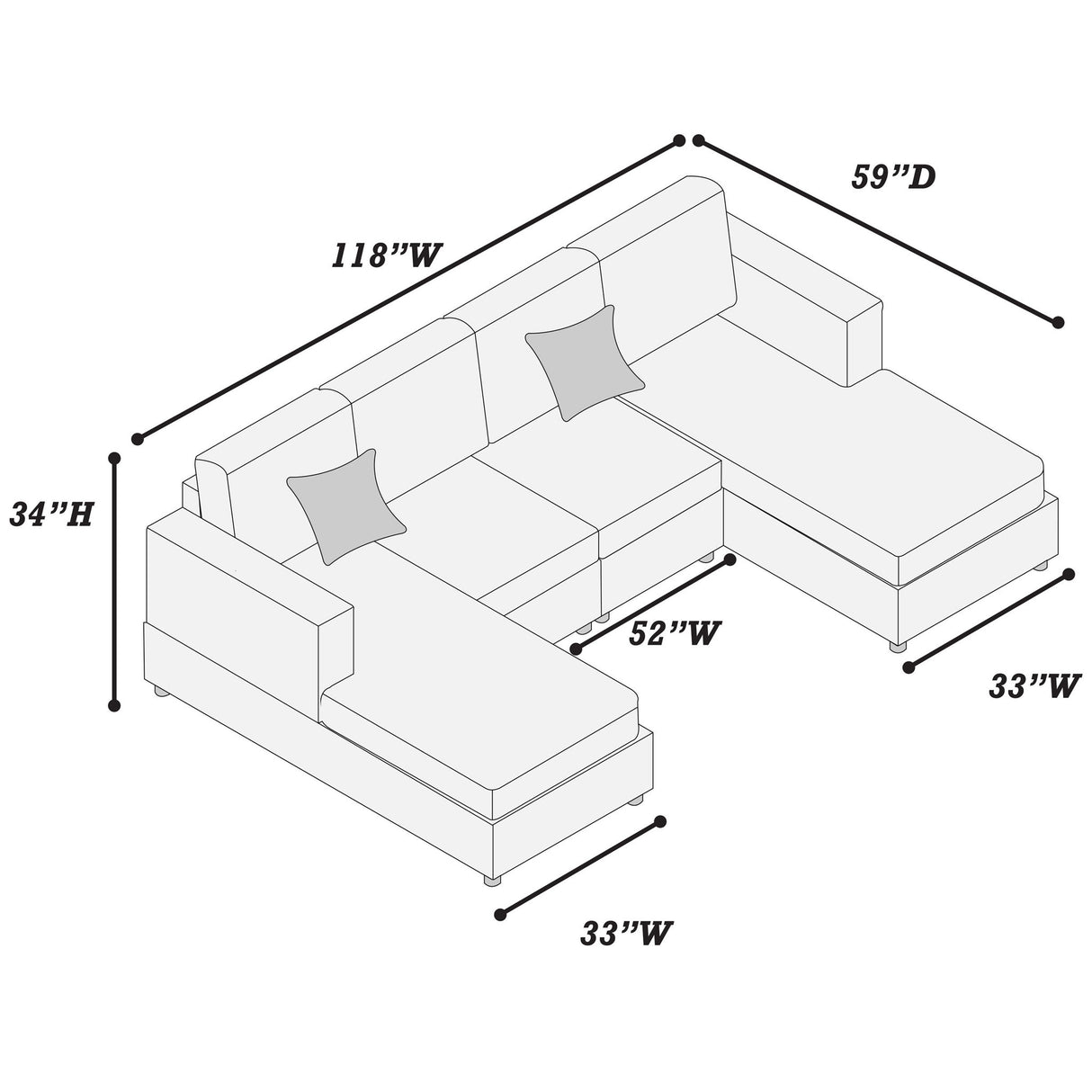 U-Shaped Sectional Set With Cushion Back Armless Chairs Right And Left Arm Chaise