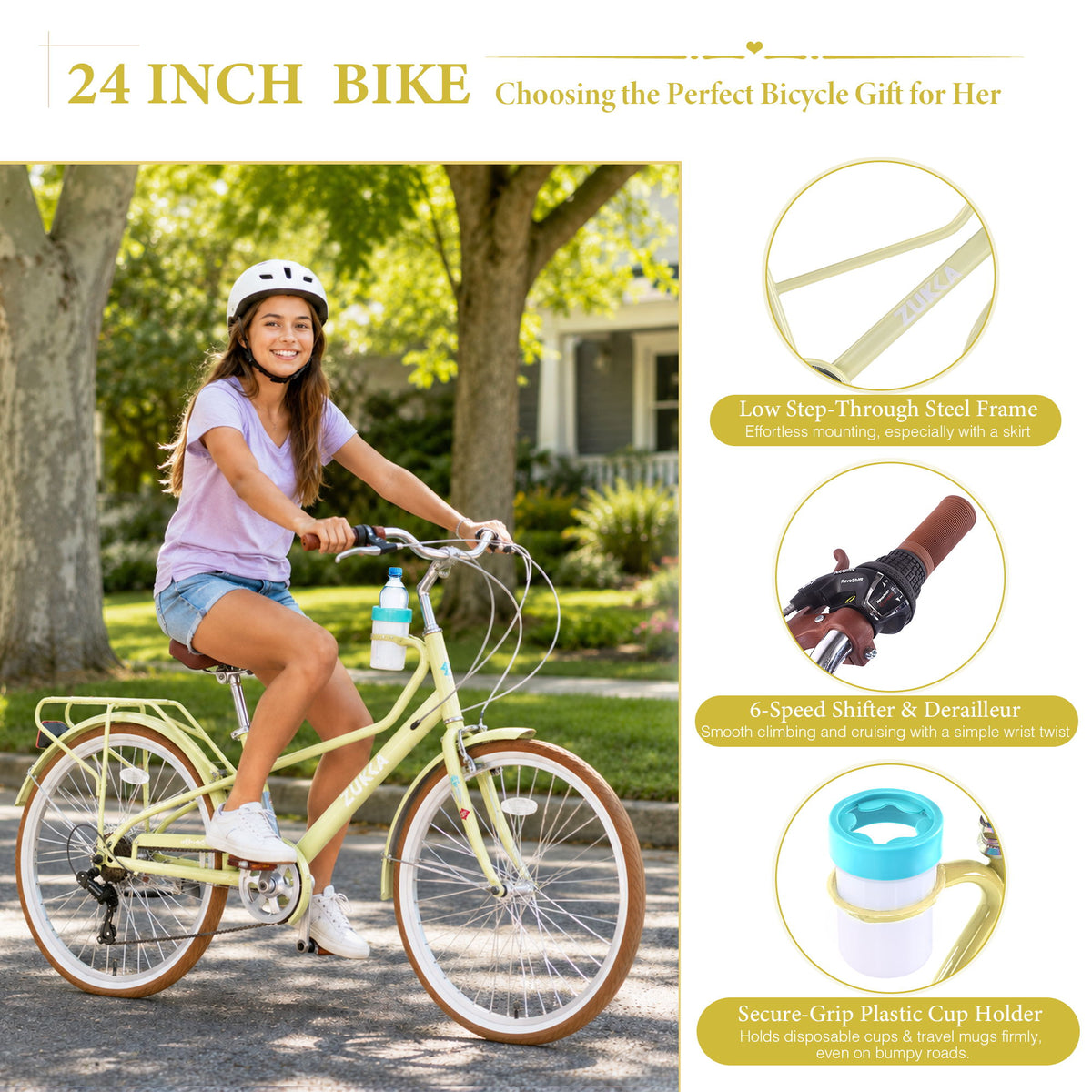 24" Cruiser Bike With 6 Speed Gear System, Rear Rack & Cup Holder