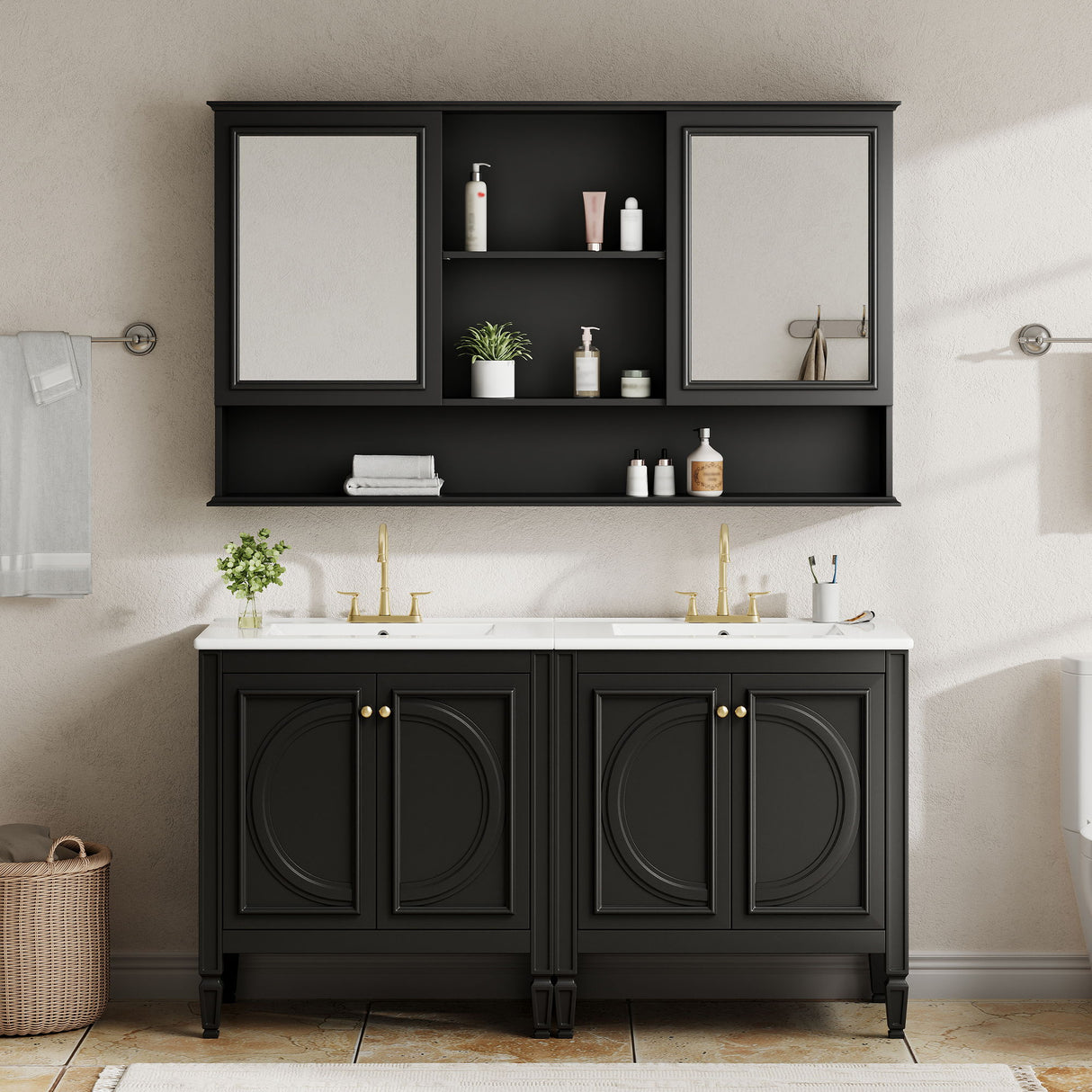Double Sink Bathroom Vanity Set With Wall Mount Mirror Cabinet