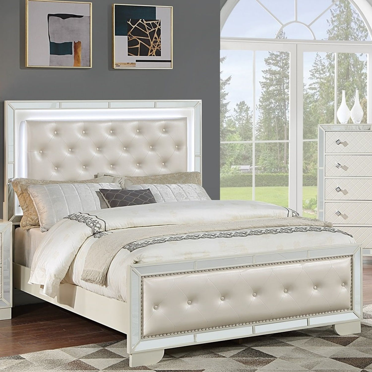 3 Piece Bedroom Set, Bed With LED Lights And 2 Nightstands
