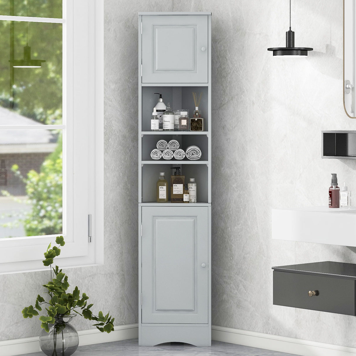 Multi Functional Corner Cabinet With Adjustable Shelves And 2 Doors