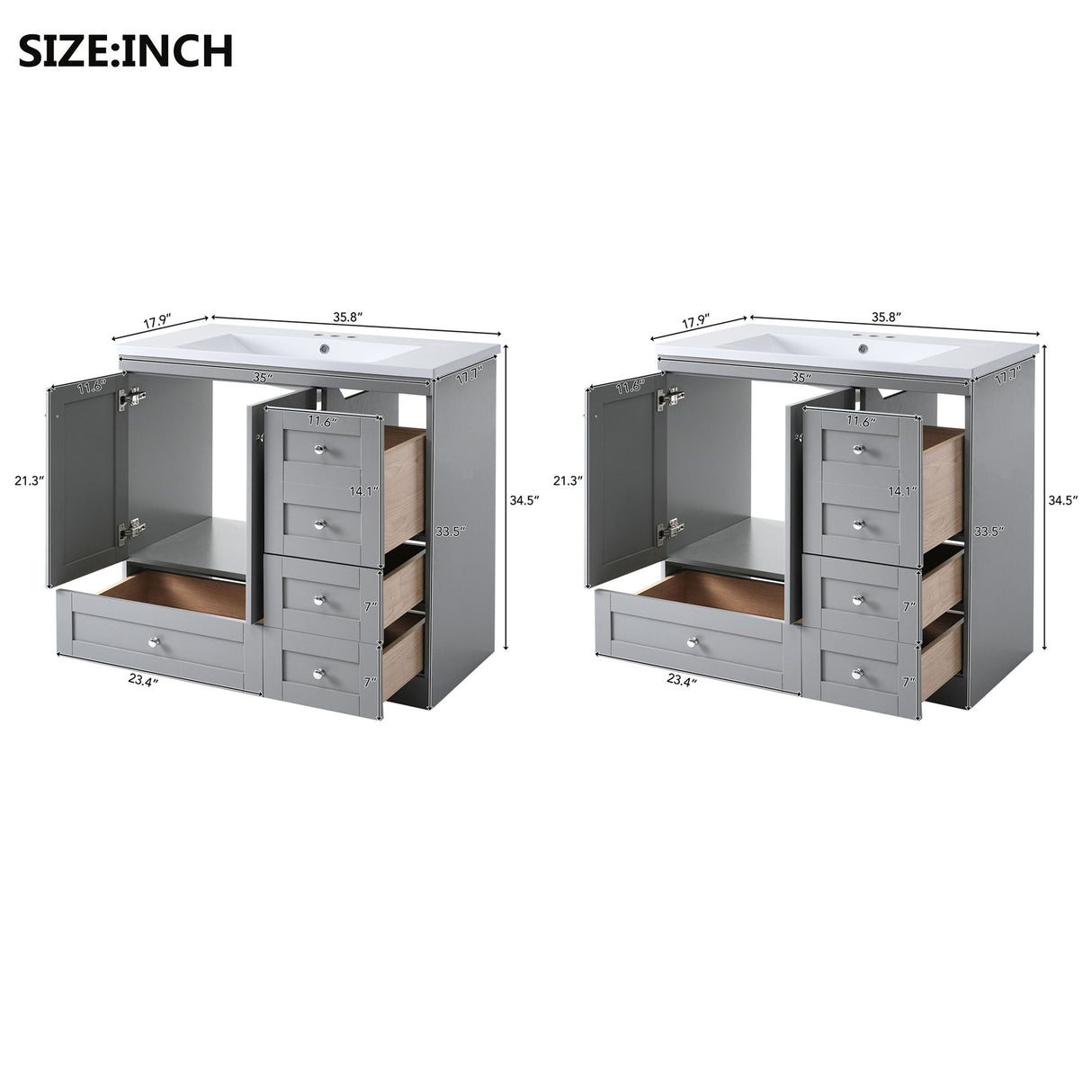 Shaker Free Standing Bathroom Vanity Cabinet & Sink, Soft Close Drawers, Soft Close Doors
