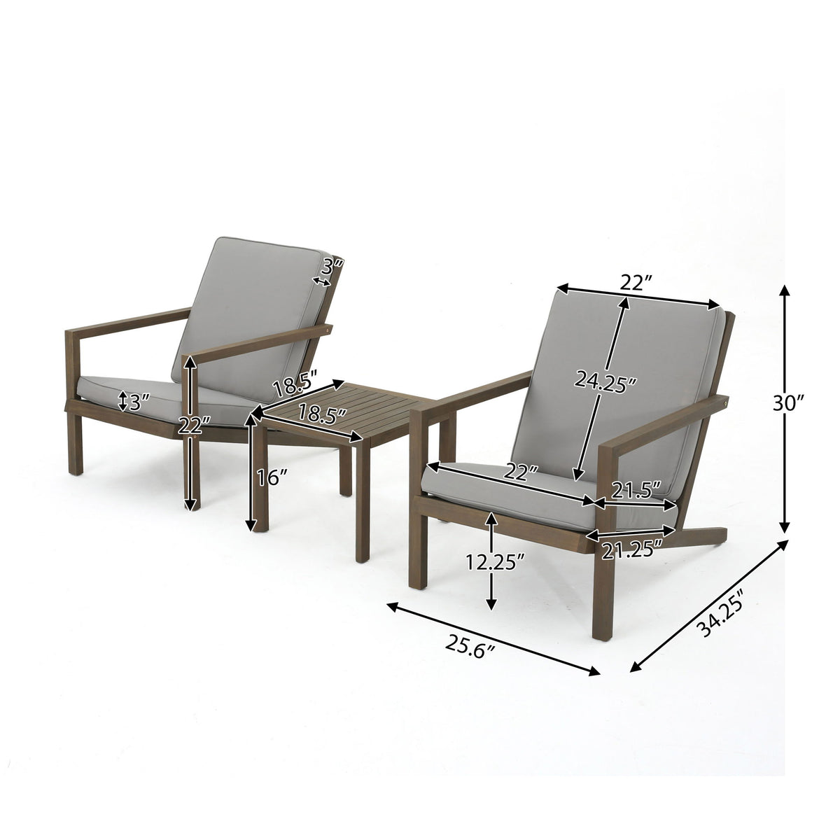Celestaria - 3 Piece Outdoor Chat Set With Adirondack Chairs, Cushions And Side Table