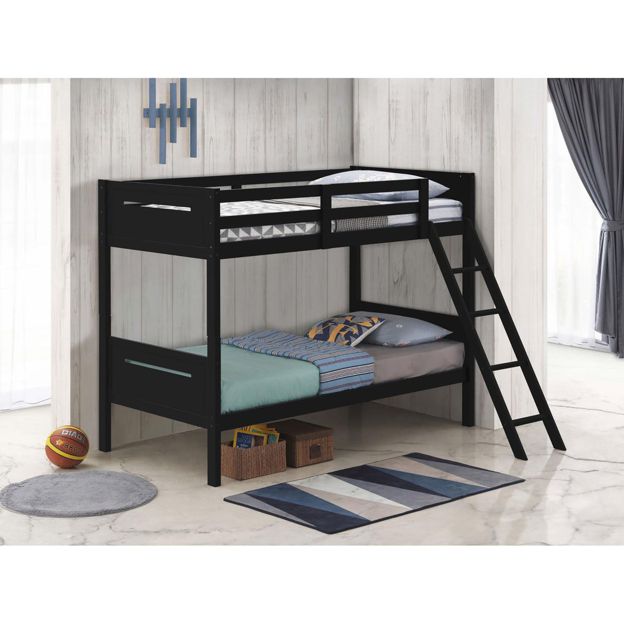 Bunk Bed With Built In Ladder, Safety Guardrails And Angled Access Step