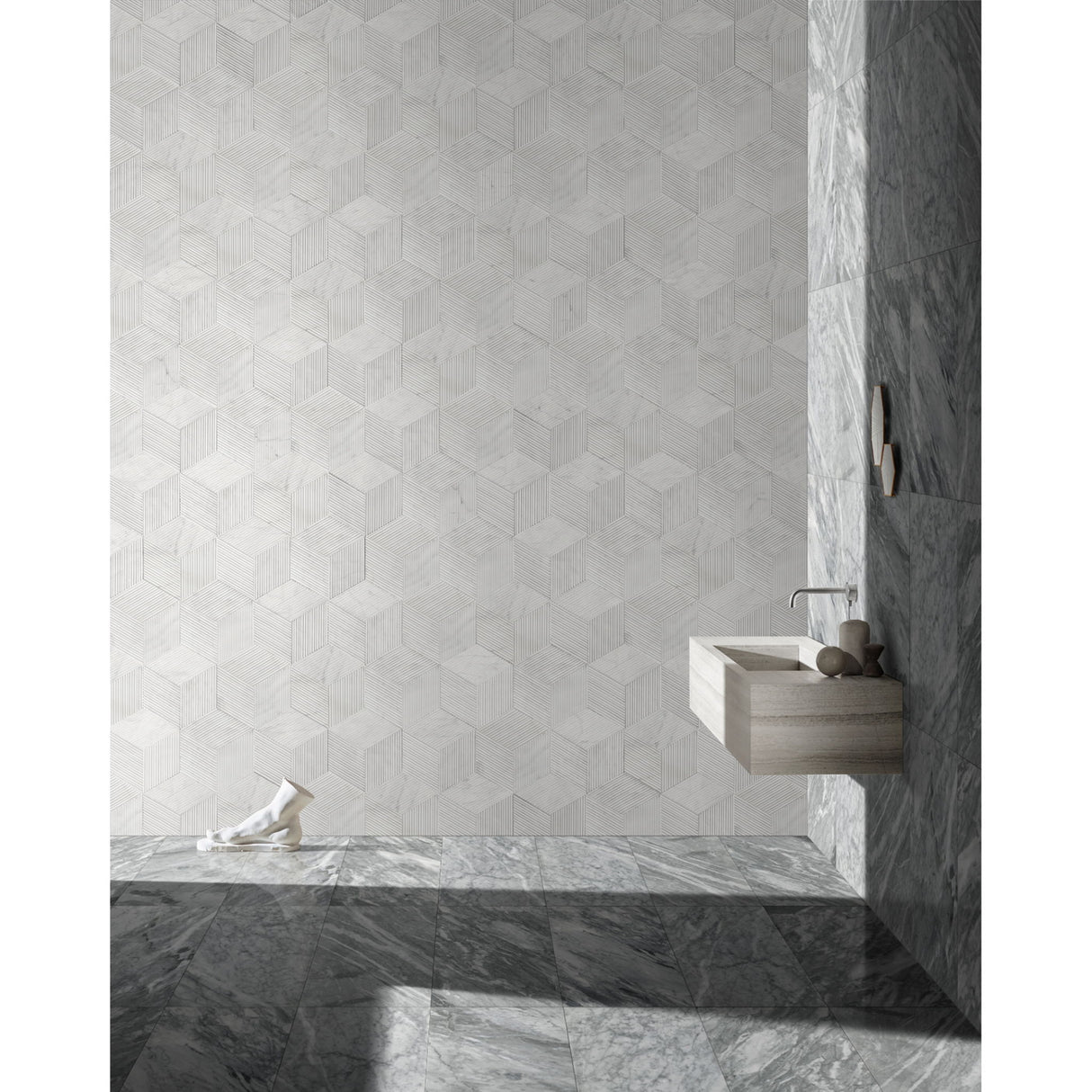 Hexagon Natural Stone Marble Tile, 3D Fluted (Set of 12)