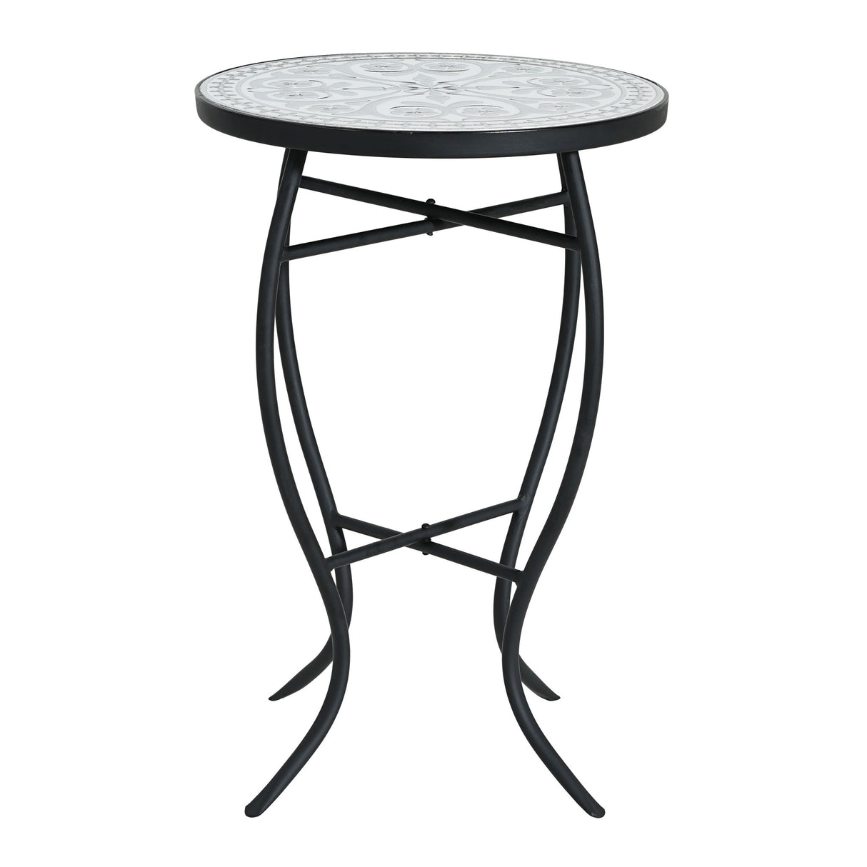 Outdoor Round Side Table With Mosaic Style Top And Curved Iron Legs