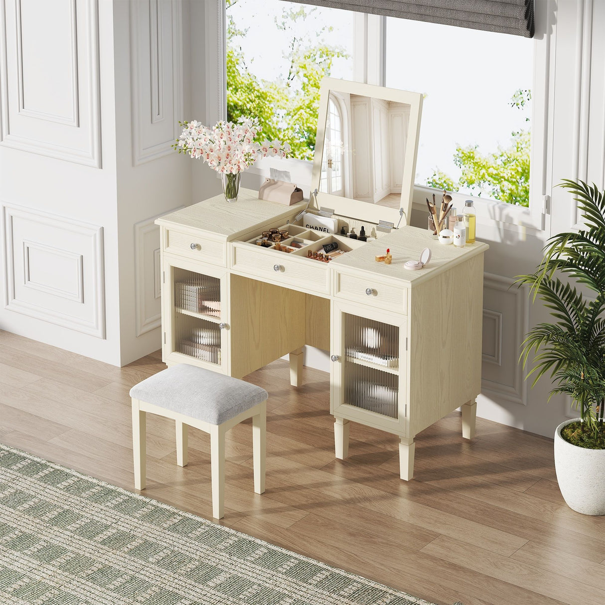 Multi Functional 2 In 1 Vanity Desk With Flip Top Mirror Material - White Oak