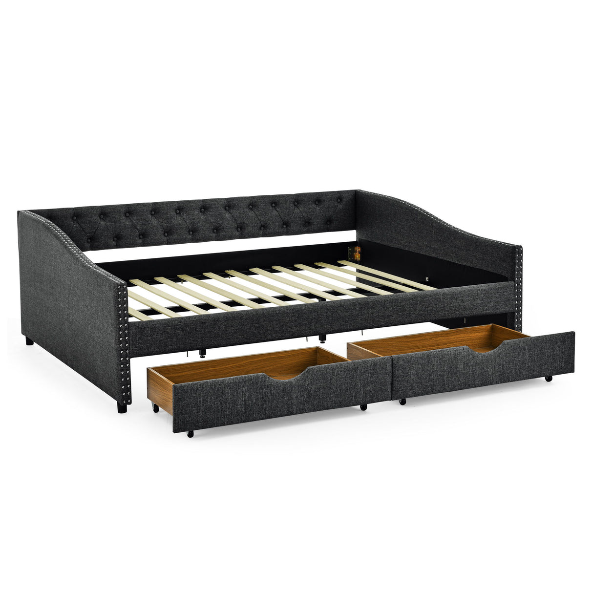 Upholstered Tufted Daybed With 2 Drawers, Waved Arms