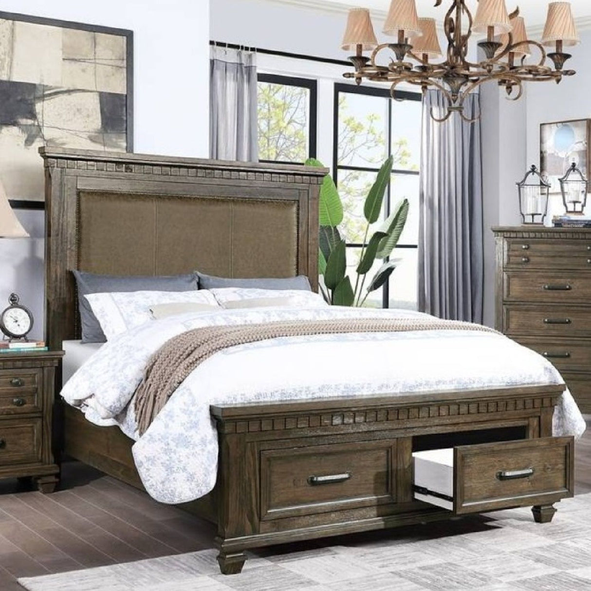 Queen Size Bed With Upholstered Headboard And Footboard Drawers - Brown