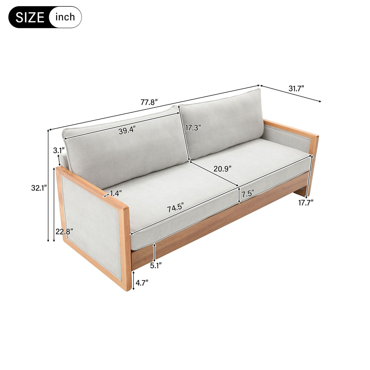 Modern 3 Seater Sofa With Wood Armrests