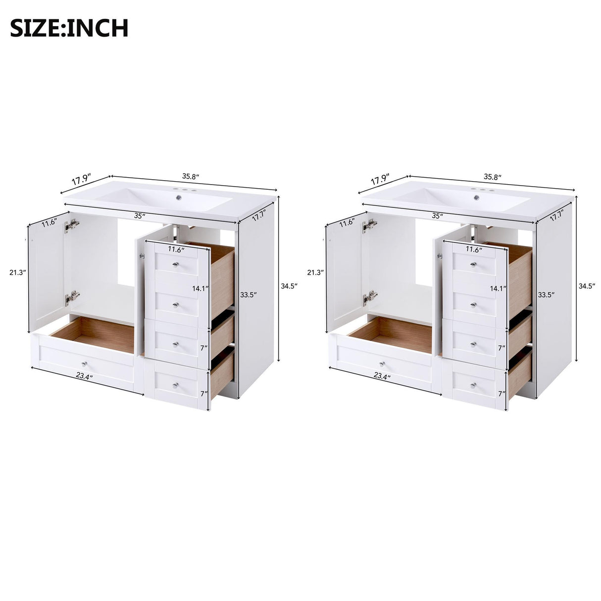 Shaker Free Standing Bathroom Vanity Cabinet & Sink, Soft Close Drawers, Soft Close Doors