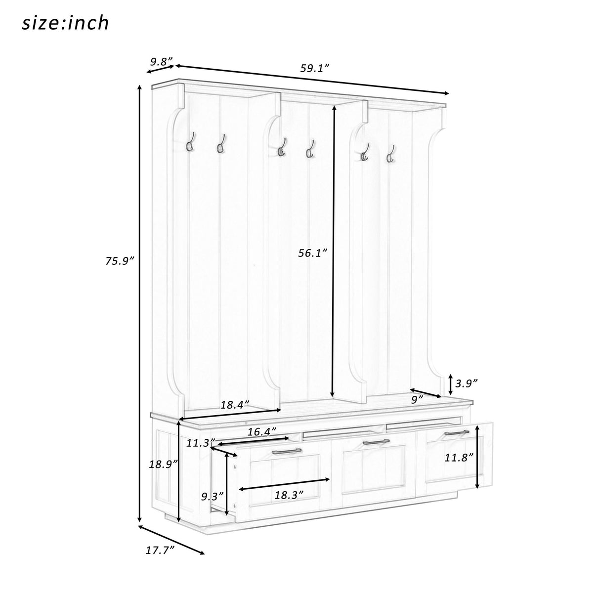 Hall Tree With Bench And Shoe Storage, 3 Large Drawers, Open Storage Shelves & Hooks