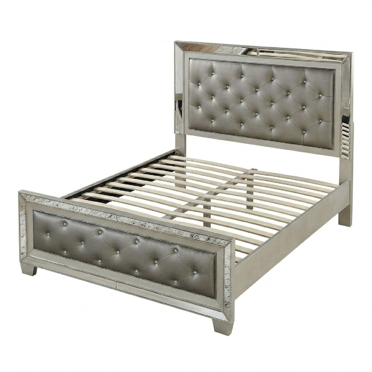Glamorous Tufted Headboard Bed With Mirror Trim