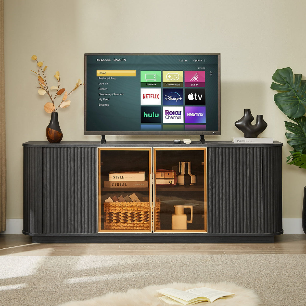 Modern 64" Wavy TV Cabinet With LED Lights - Black