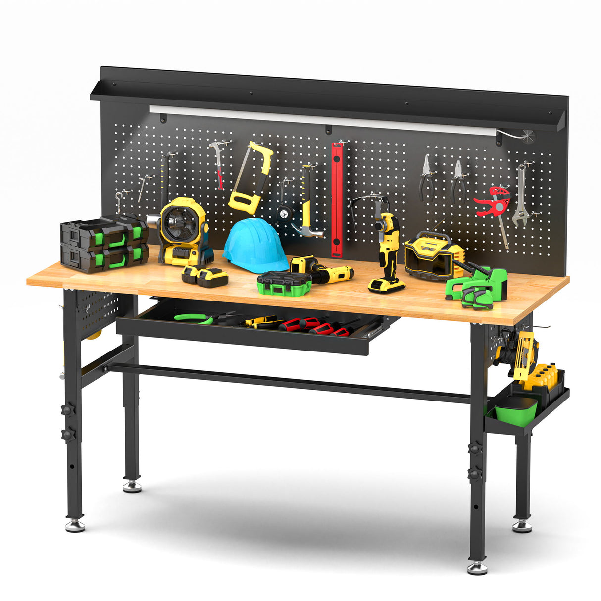 Adjustable Height Workbench, Includes Drawers, Power Outlet, LED Light, Wheels Or Leveling Feet - Black