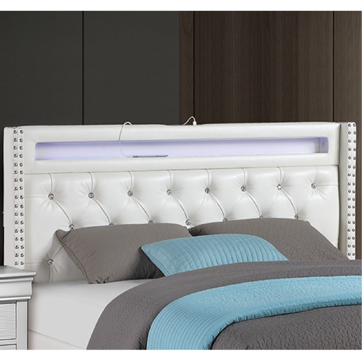 Modern Bed With LED Lights, Charging Port, Tufted Headboard