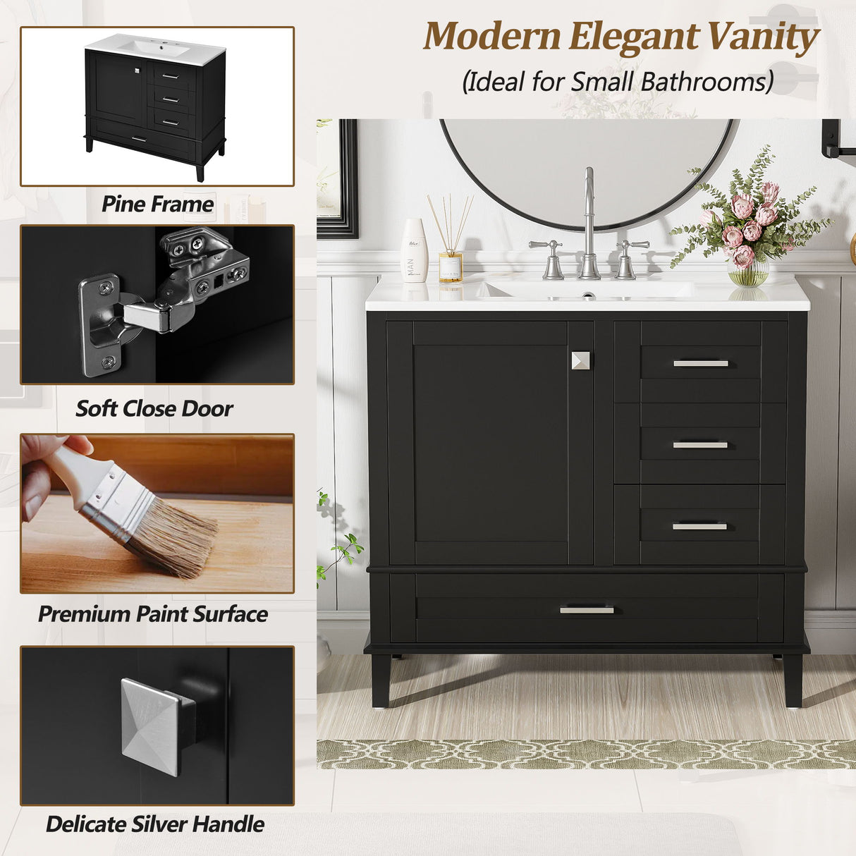 Bathroom Vanity, Modern Bathroom Cabinet With Sink Combo Set, Bathroom Storage Cabinet With A Soft Closing Door And 3 Drawers, Solid Wood Frame