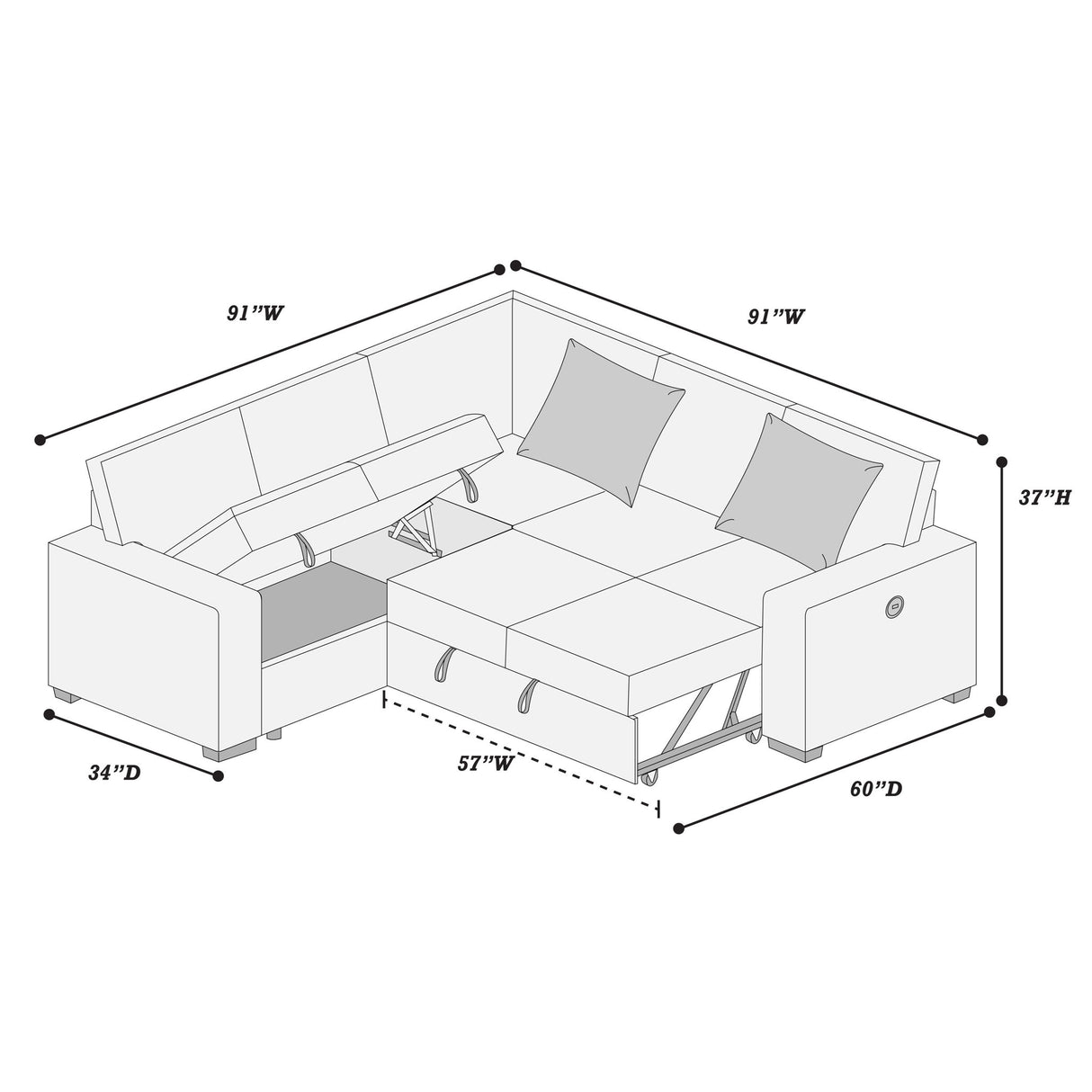 Convertible Sectional Upholstered Sleeper Sofa With Storage Chaise