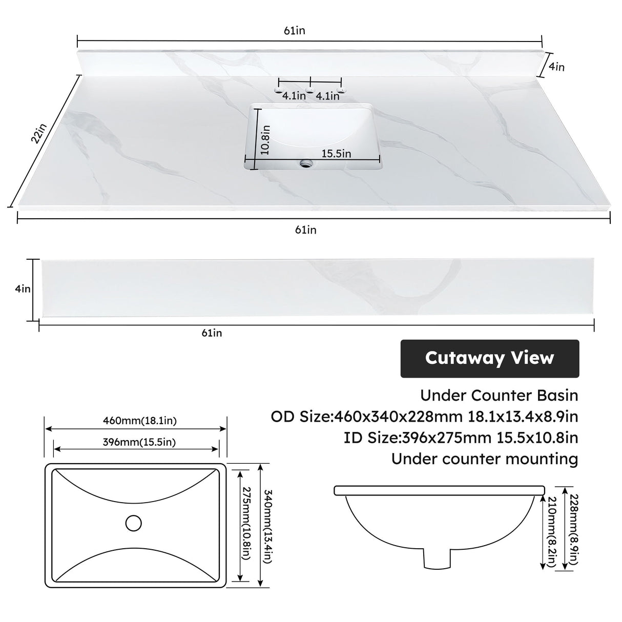 Bathroom Vanity Top With Undermount Sink, 3 Pre Drilled Holes