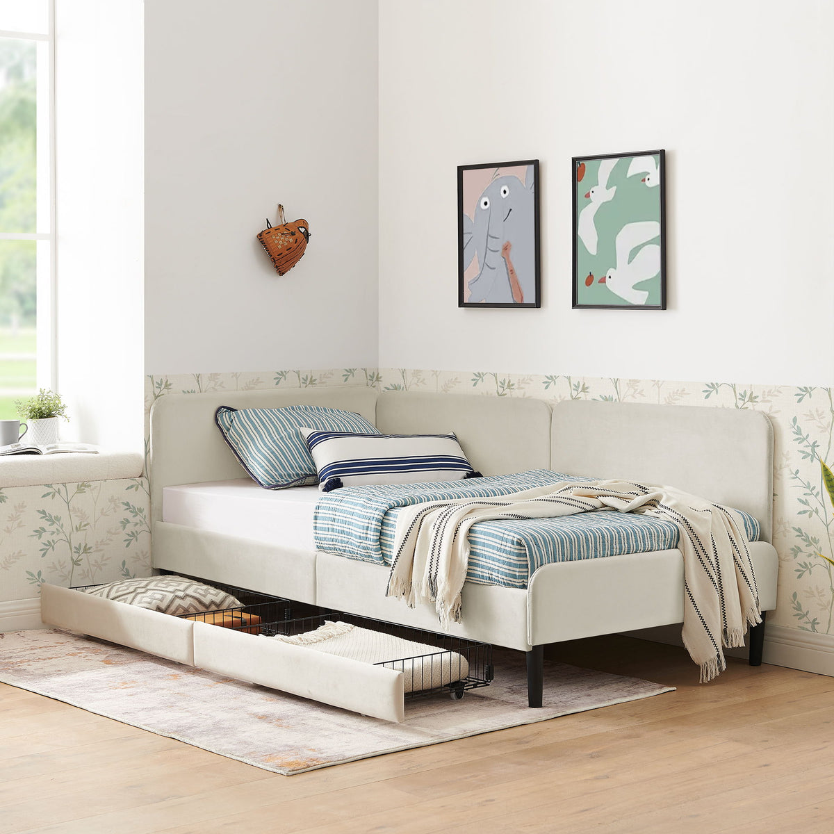 Upholstered Platform Bed Frame With 2 Storage Drawers And Adjustable Sofa Bed