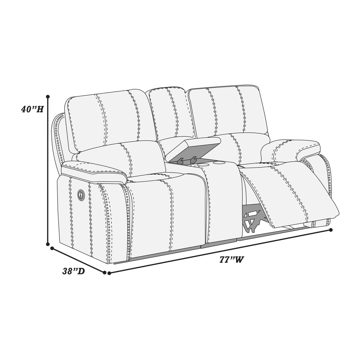 Power Reclining Loveseat With USB Port Leather Upholstered, Built In Cup Holder - Chocolate