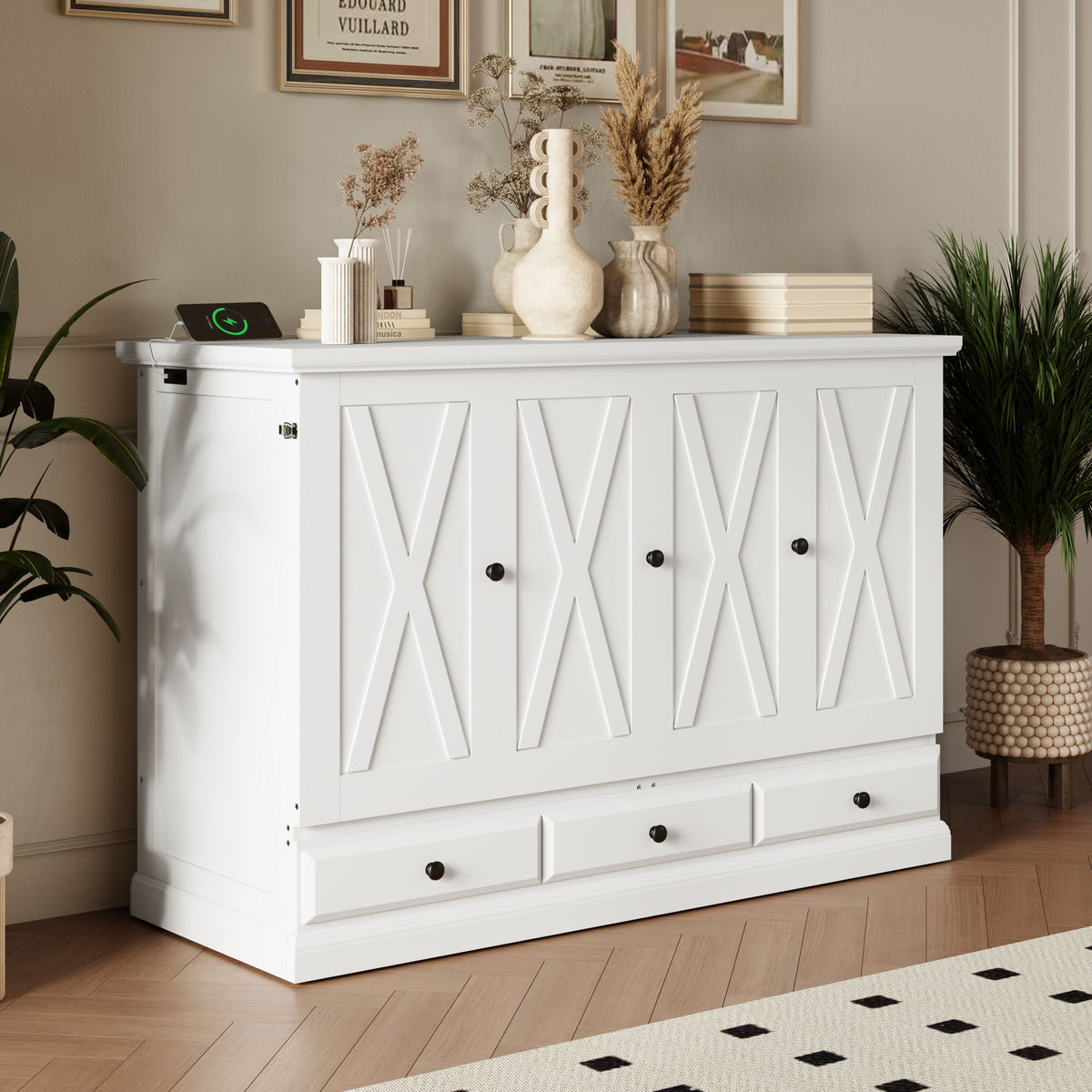 Full Solid Pine Murphy Bed Chest Cube Cabinet Bed With Charging Station And Large Storage Drawer For Home Office Or Small Room - White