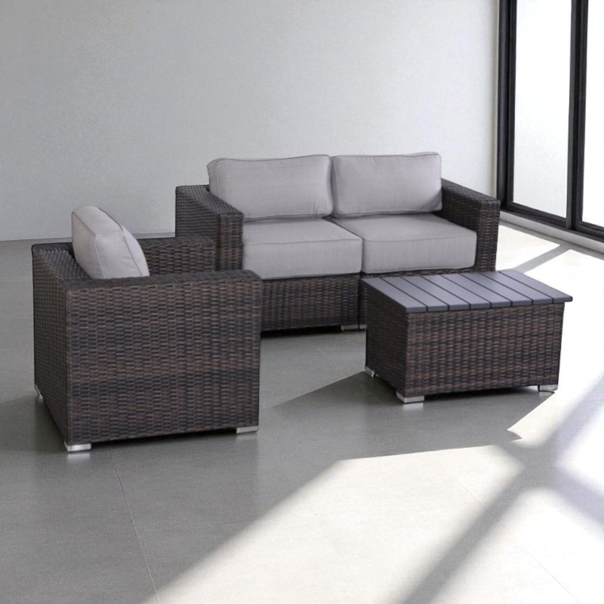 3 Person Outdoor Seating Set With Cushions - Brown