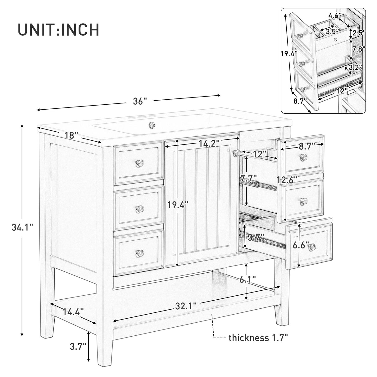 36" Bathroom Vanity & Sink, 2 Cabinet And 3 Drawers - Black